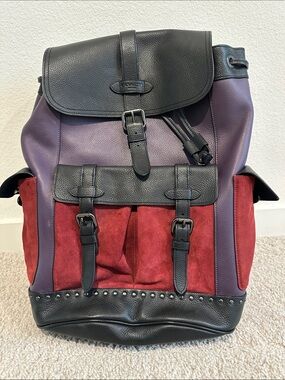 Coach Men's Black, Purple & Red Leather Suede Backpack